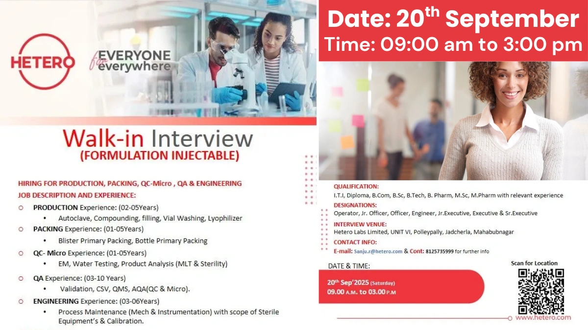 Hetero Labs Walk-In Interview for Injectable Formulation Roles on 20th September