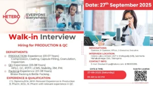 Hetero Labs Walk-in Interview for Production, QC, and Packing Roles on 27th September