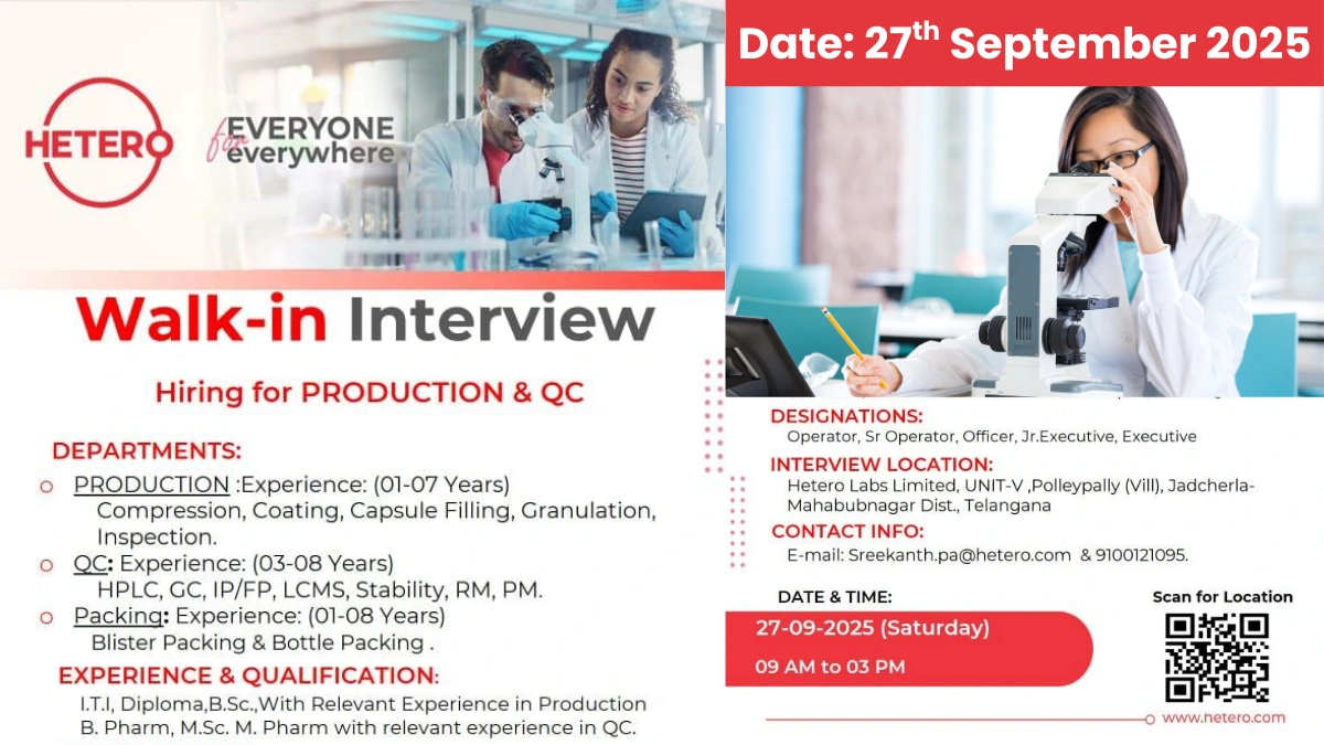 Hetero Labs Walk-in Interview for Production, QC, and Packing Roles on 27th September