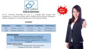Hy-Gro Chemicals Pharmtek Pvt. Ltd. Walk-in Interviews – R&D Chemists at Bollaram Facility (6th September)