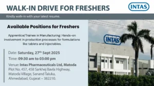 Intas Pharma Walk in Interview for freshers