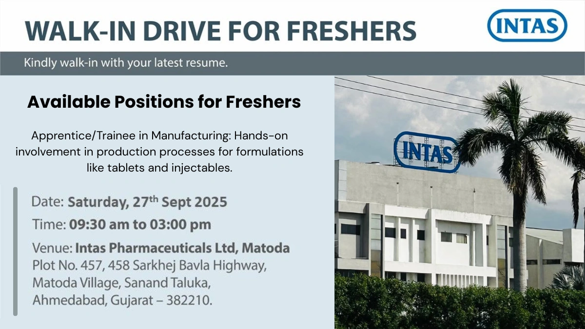 Intas Pharma Walk in Interview for freshers