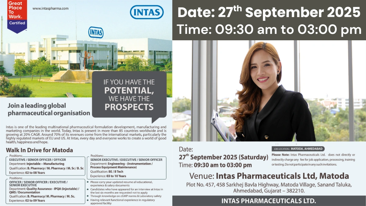 Intas Pharmaceuticals Walk-In Drive for QA, Engineering, Manufacturing Roles on 27th September