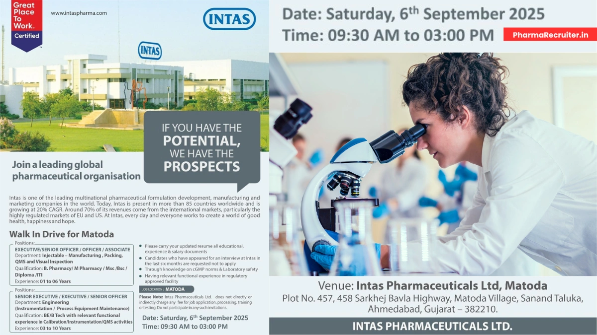Intas Pharmaceuticals Walk-in Interview 2025 for Manufacturing, Quality and Engineering Roles – 6th September