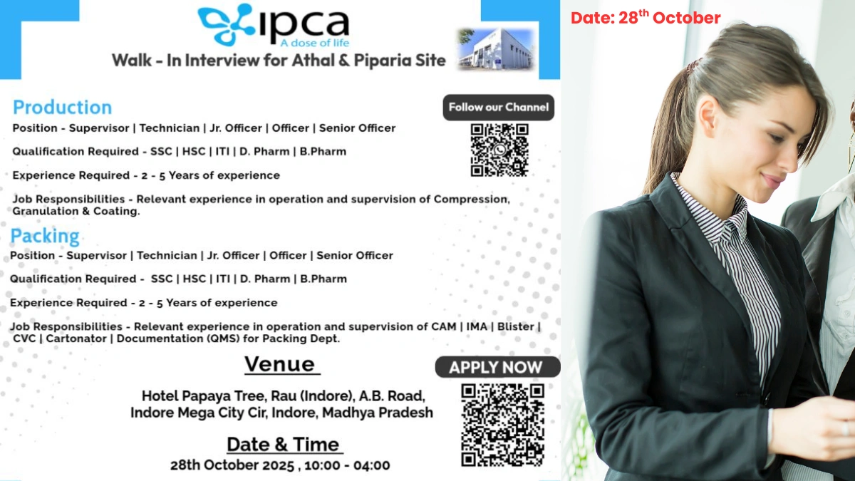 Ipca Laboratories Walk-in Interview for Production and Packing Roles on 28th September