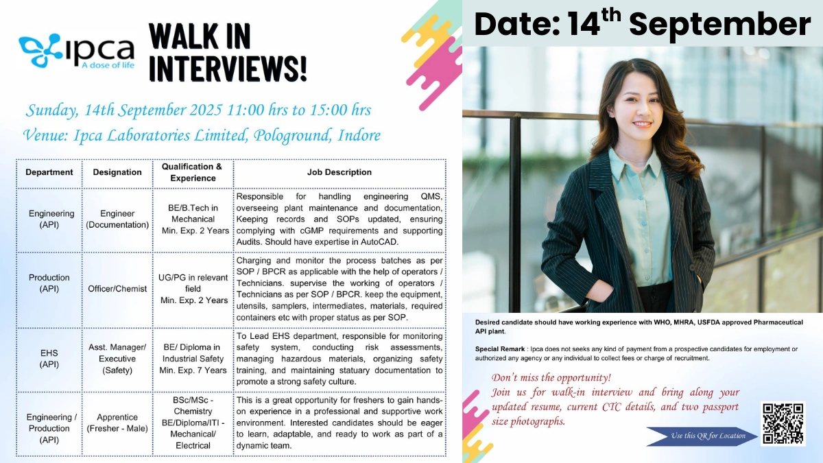 Ipca Laboratories Walk-in Interview on 14th September 2025 – Indore