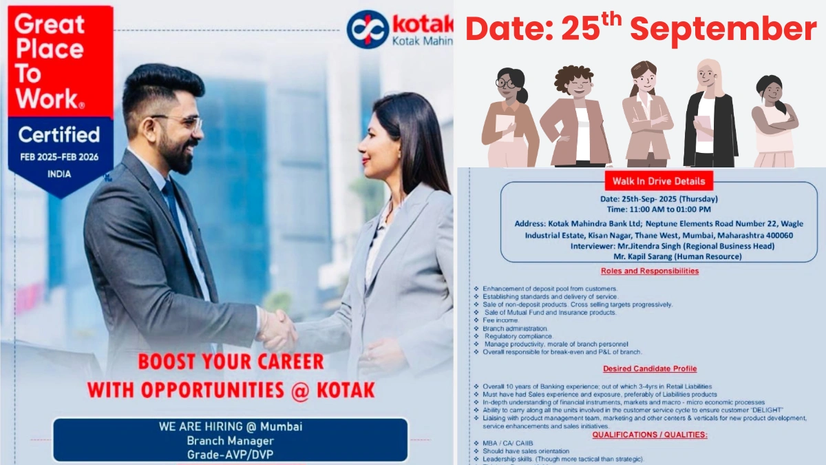 Kotak Mahindra Bank Walk-in Drive for Branch Manager in Mumbai on 25th September