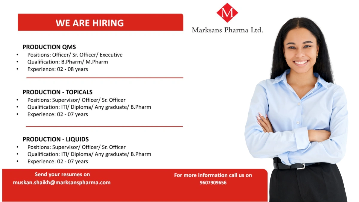 Marksans Pharma Hiring for Production Departments