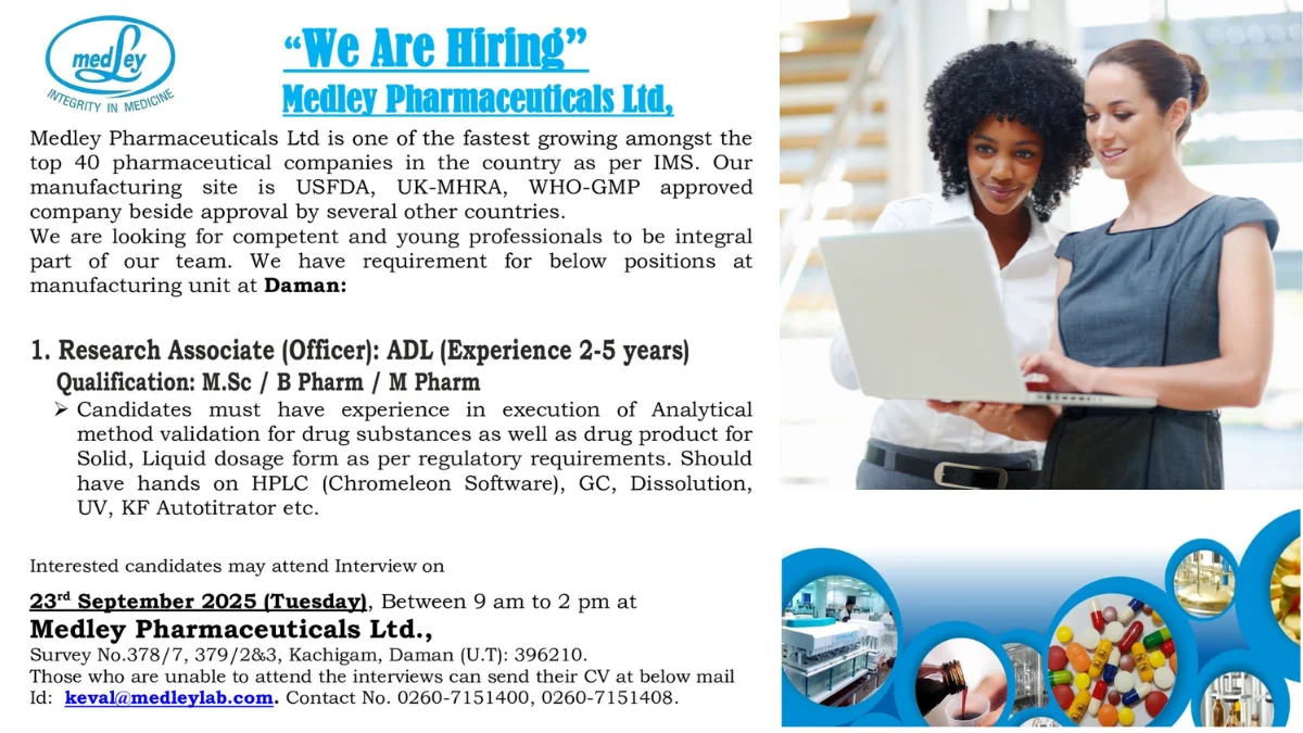 Medley Pharmaceuticals Ltd is Hiring for Research Associate (Officer) - Analytical Development Lab