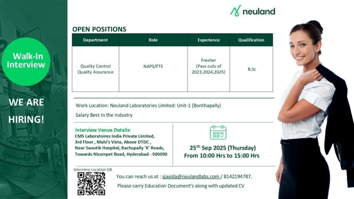 Neuland Laboratories Walk-In Interviews for Fresher Jobs on 25th September