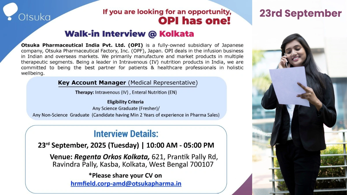 Otsuka Pharmaceutical India Walk-in Interview for Key Account Manager (Medical Representative) on 23rd September