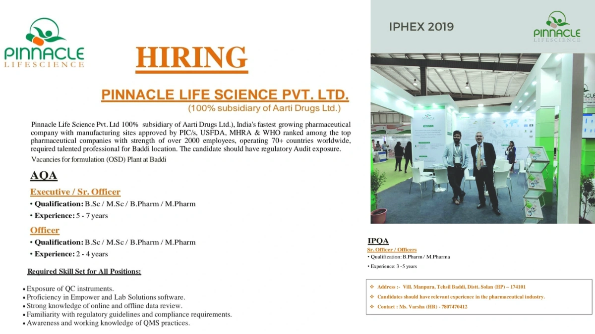 Pinnacle Life Science Hiring for Quality Assurance Roles in Baddi, Himachal Pradesh