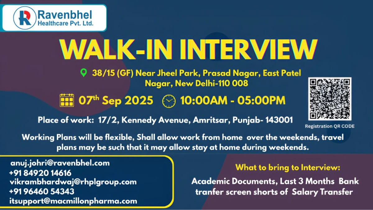 Ravenbhel Healthcare Pvt. Ltd. – Walk-in Interviews (Amritsar, Punjab)