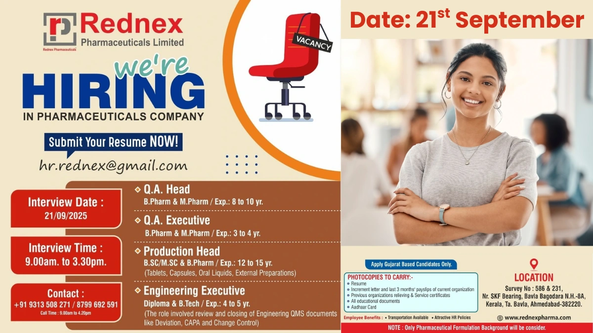 Rednex Pharmaceuticals Walk-in Interviews for Quality Assurance and Production Leaders on 21st September
