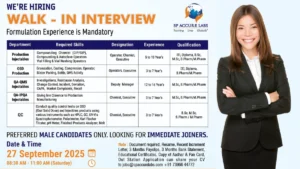 SP Accure Labs Walk-in Interview for Production, QA, and QC Roles on 27th September