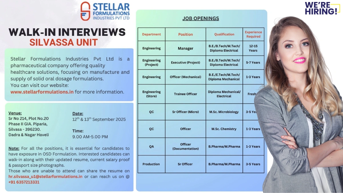 Stellar Formulations Industries Pvt Ltd – Walk-in Interviews at Silvassa Unit (12th & 13th September 2025)