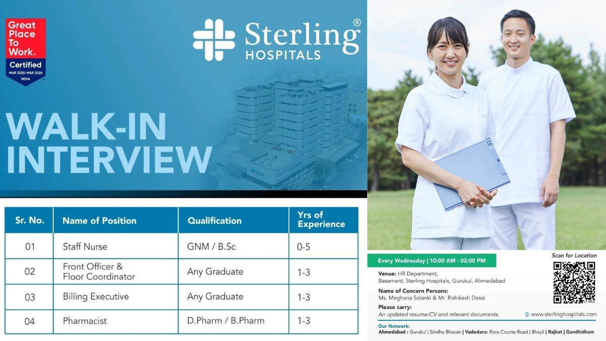 Sterling Hospitals Walk-in Interviews – Multiple Openings for Healthcare Professionals (Pharmacist & Staff Nurse)