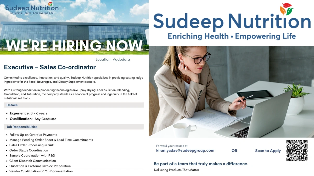 Sudeep Nutrition Hiring for Executive - Sales Coordinator Opportunity in Vadodara
