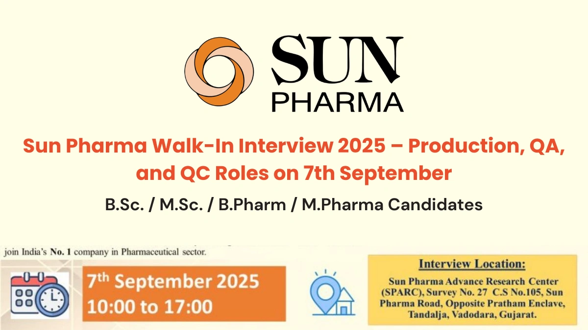 Sun Pharma Walk-In Interview 2025 – Production, QA, and QC Roles on 7th September
