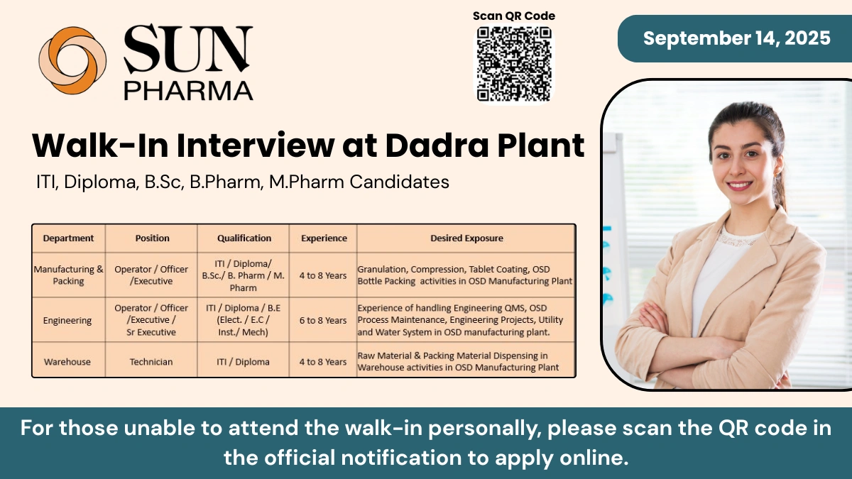 Sun Pharma Walk-In Interview for ITI, Diploma, B.Sc, B.Pharm, M.Pharm Candidates at Dadra Plant – September 14, 2025