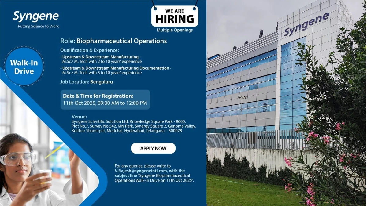 Syngene is Hiring for multiple openings in Biopharmaceutical Operations on 11th Oct 2025 (Saturday)