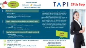 TAPI Walk-in Drive for Production, QA, and QC Roles on 27th September