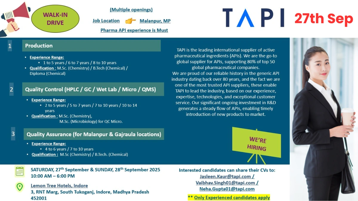 TAPI Walk-in Drive for Production, QA, and QC Roles on 27th September