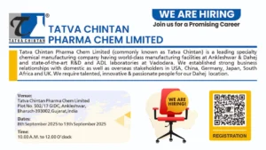 Tatva Chintan Pharma Chem Limited – Walk-in Interview for Various Roles from 8th Sep to 13th Sep 2025