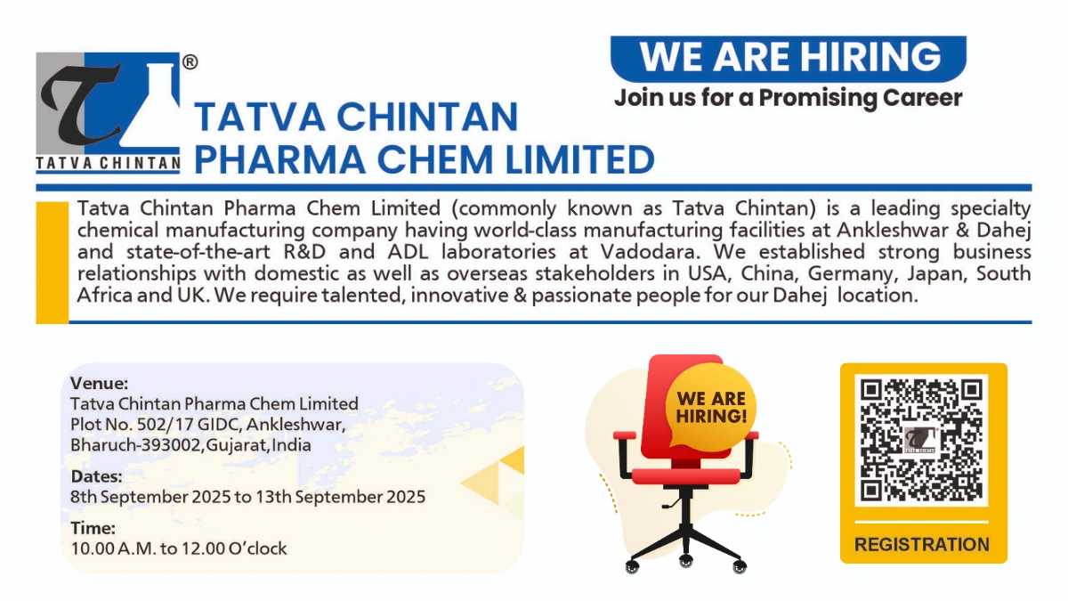 Tatva Chintan Pharma Chem Limited – Walk-in Interview for Various Roles from 8th Sep to 13th Sep 2025