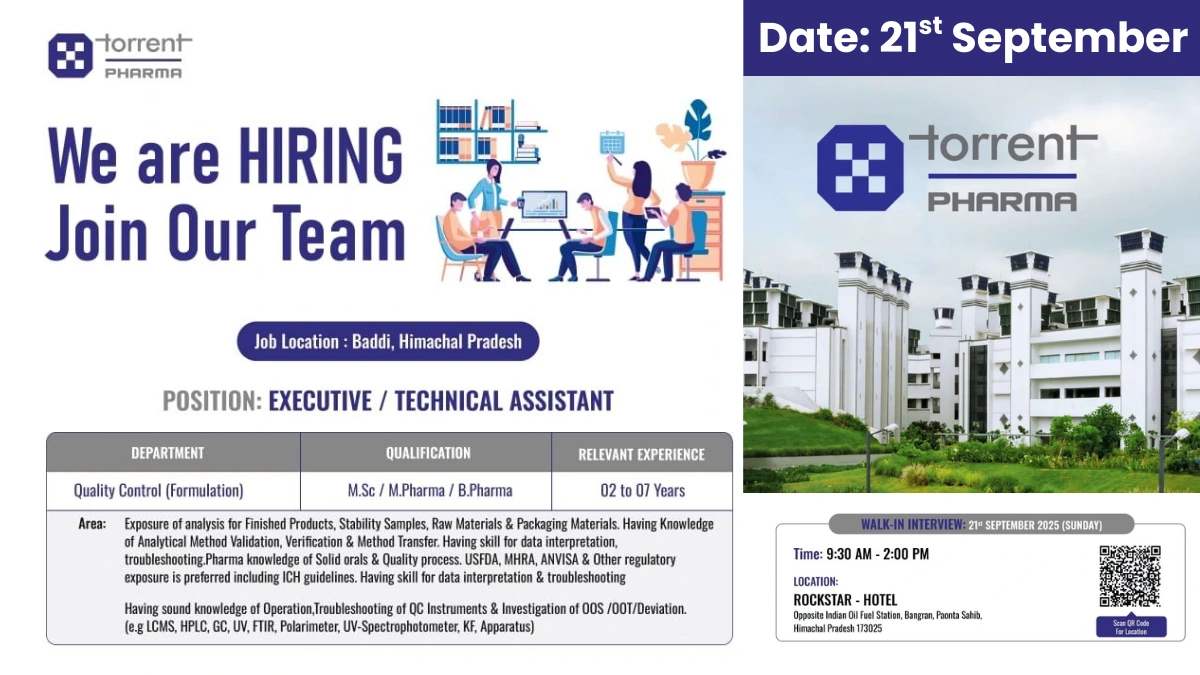 Torrent Pharma Walk in Drive for Quality Control on 21st September