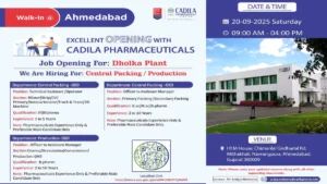 Walk-In Drive @ Cadila Pharmaceuticals - Hiring for Various Roles on 20th September