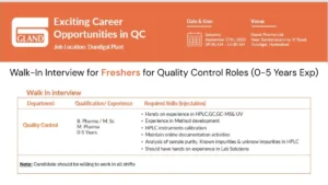 Walk-In Interview @ Gland Pharma - Hiring Freshers for Quality Control Roles (0-5 Years Exp)