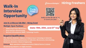 Walk-in Interview @ Biocon Biologics - Hiring for Engineering, Manufacturing, and R&D Roles on 19th, 20th, and 21st September