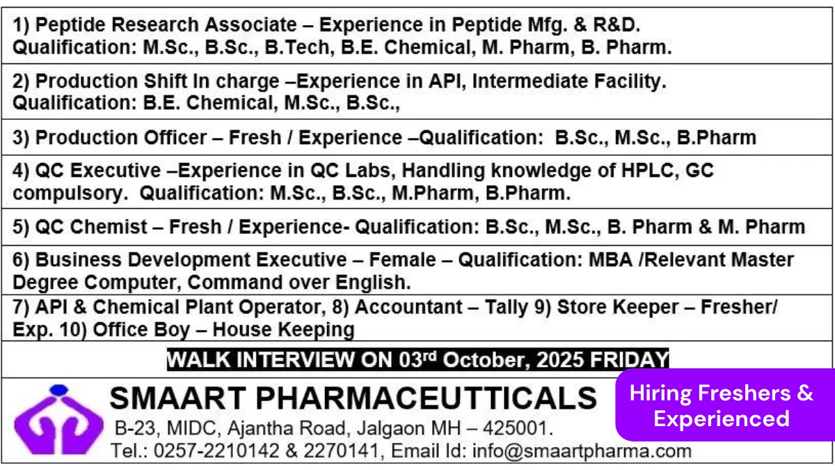 Walk-in Interview @ SMAART Pharmaceuticals - Hiring Freshers & Experienced Candidates on 3rd Oct 2025