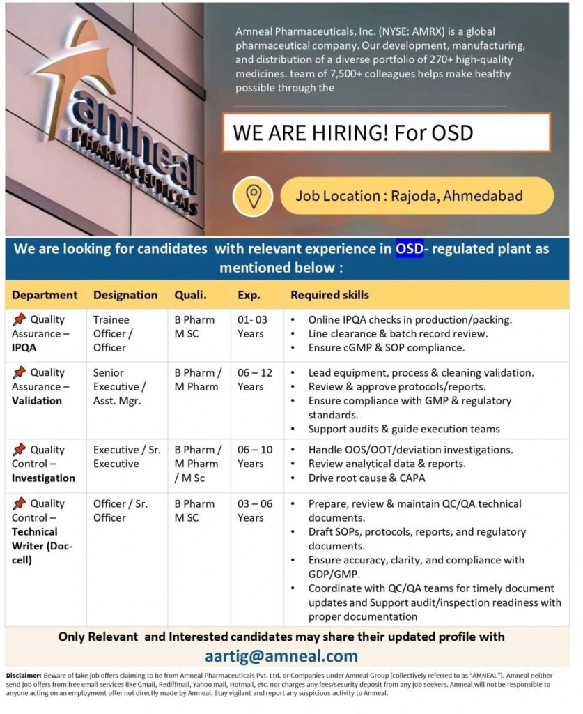 Amneal Pharmaceuticals Careers – OSD Jobs in Ahmedabad