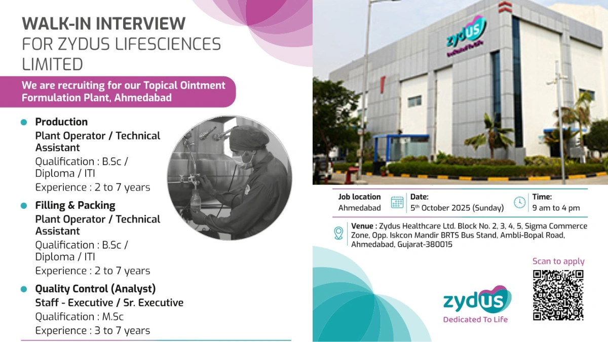 Zydus Lifesciences Hiring Bsc & Msc Professionals in Production, Filling, Packing, and Quality Control on 5th Oct
