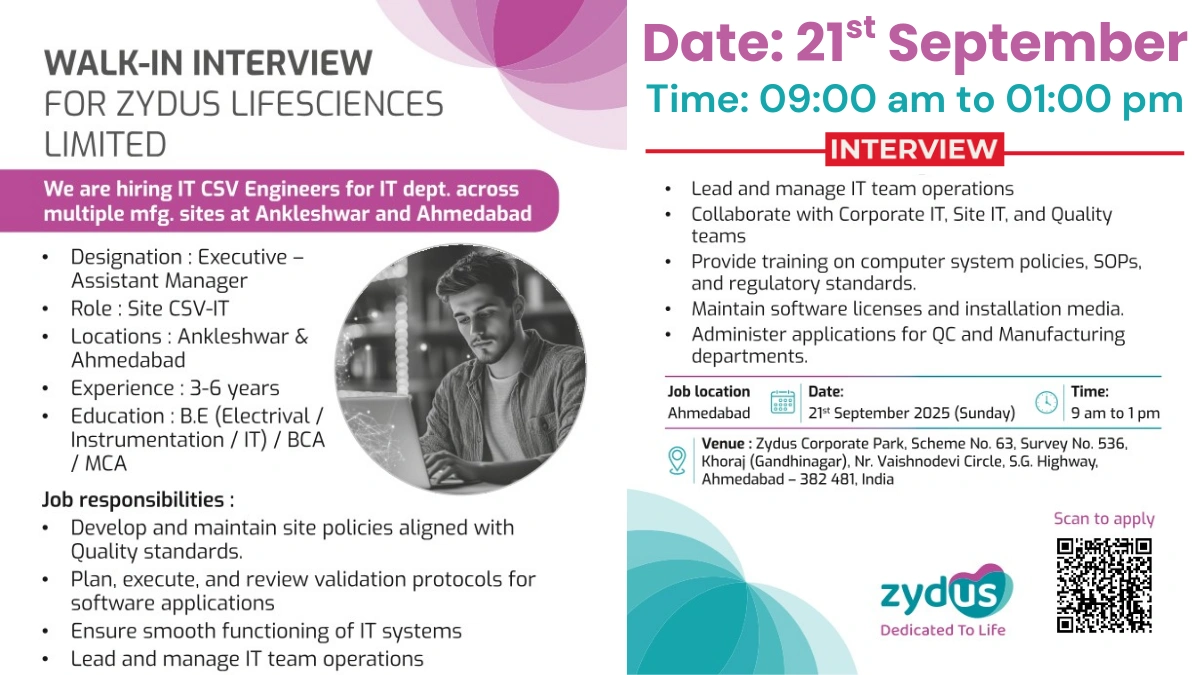 Zydus Lifesciences Walk-In Interview for IT CSV Engineers on 21st September
