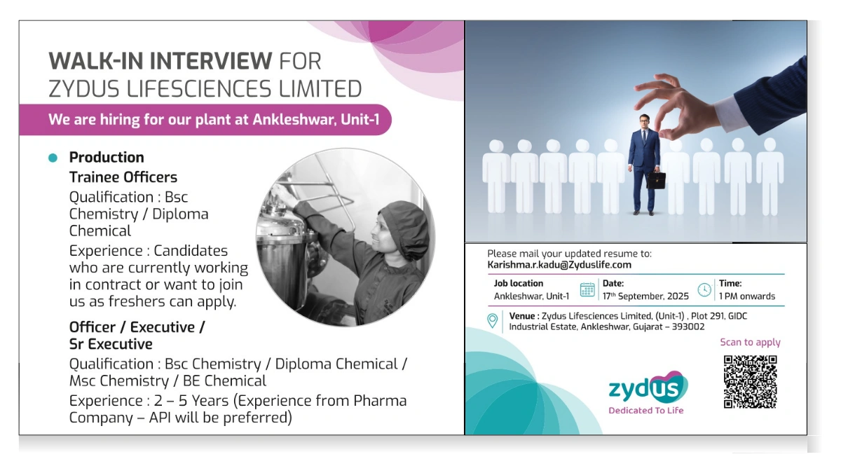 Zydus Lifesciences Walk-in Interview for Production Roles on 17th September
