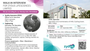 Zydus Lifesciences Walk-in Interview for QA, Engineering, and Technician Roles on 28th Sep 2025