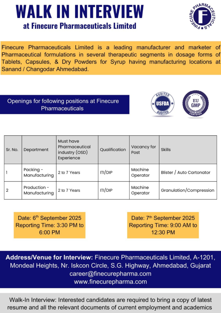 Finecure Pharmaceuticals Limited Walk-in Interview 2025 – Machine Operator Positions