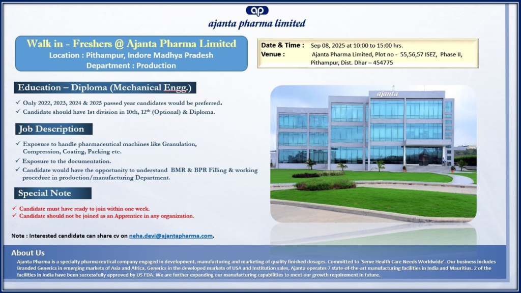 Ajanta Pharma Limited Walk-in Interview for Freshers – Production Department (8th September)