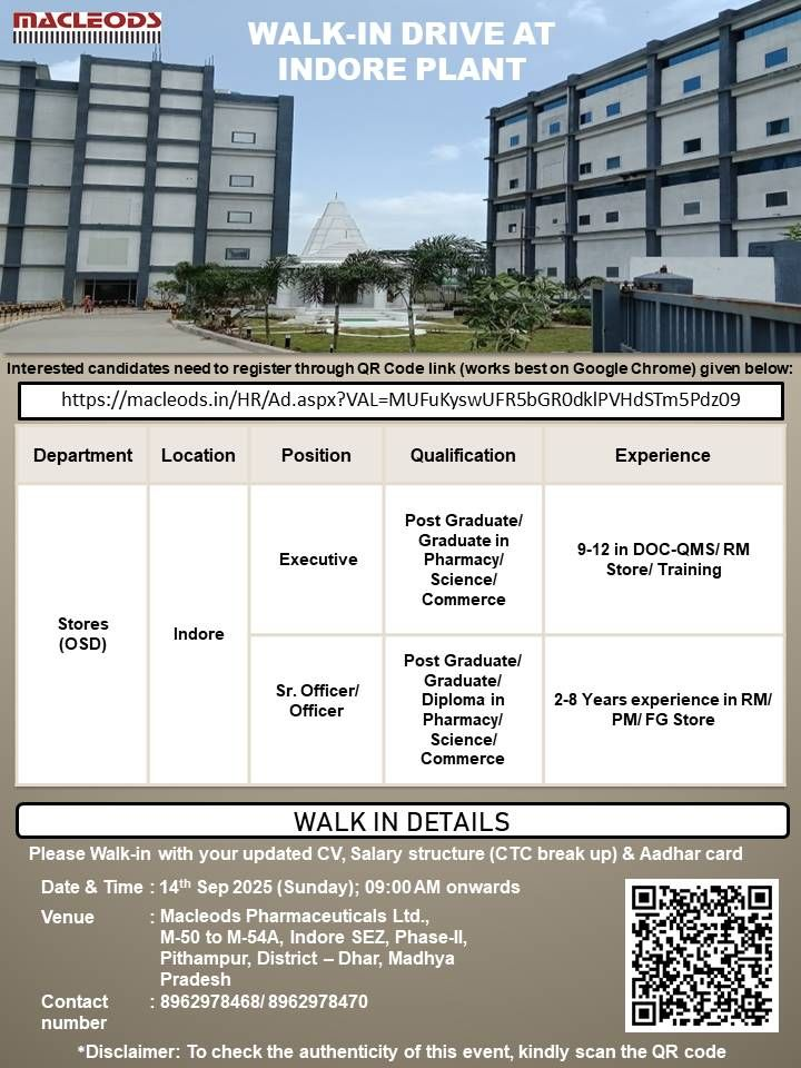 Macleods Pharmaceuticals Walk-in Drive at Indore Plant