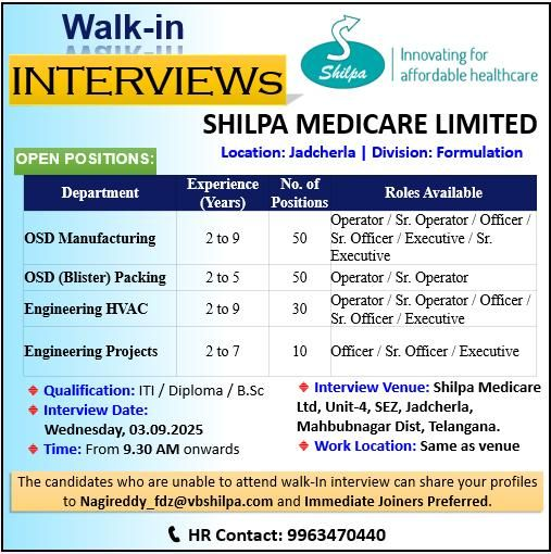 Shilpa Medicare Walk-in Interview for (Formulation Division) on 3rd September 2025