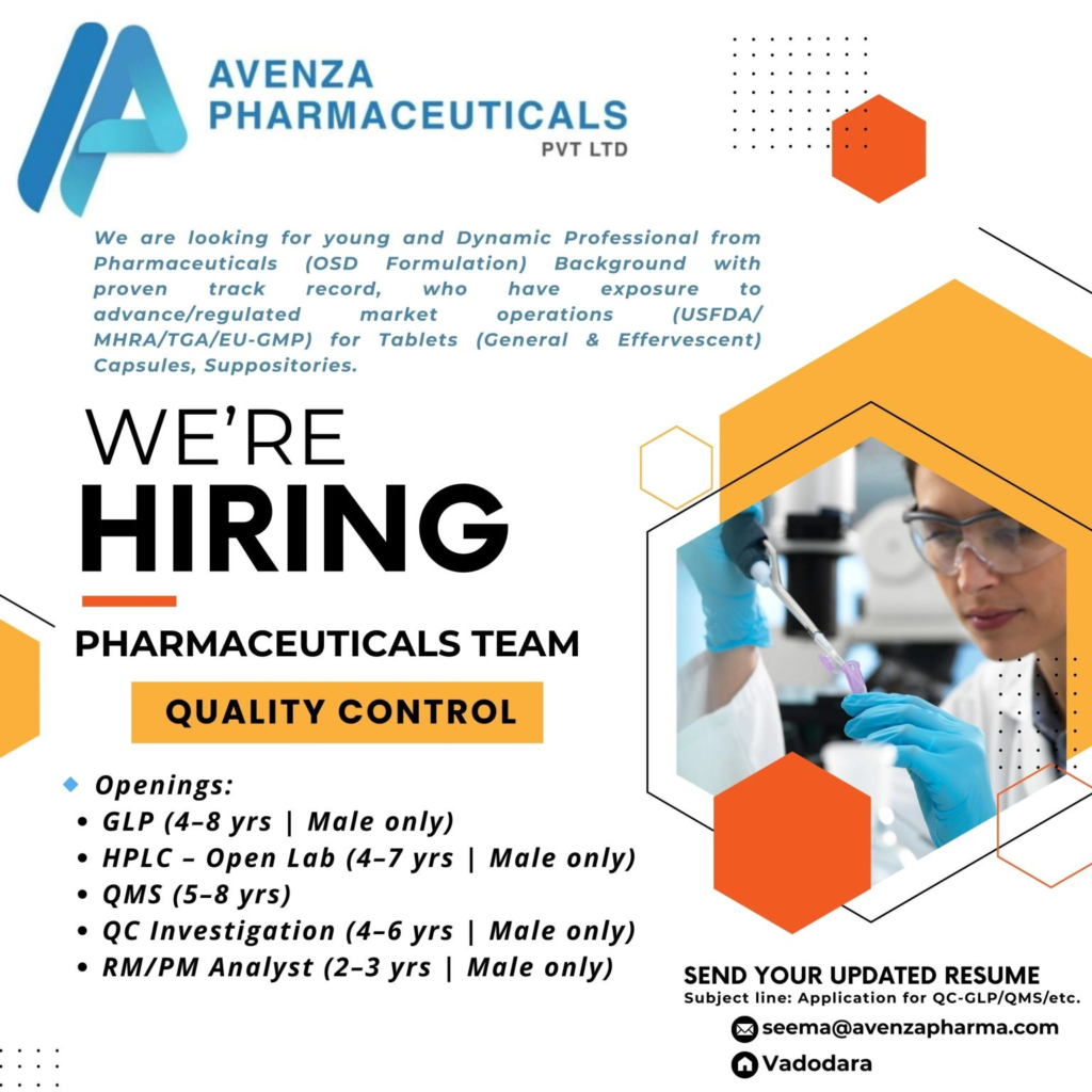 Avenza Pharmaceuticals Pvt. Ltd. – Careers in Quality Control (Vadodara)