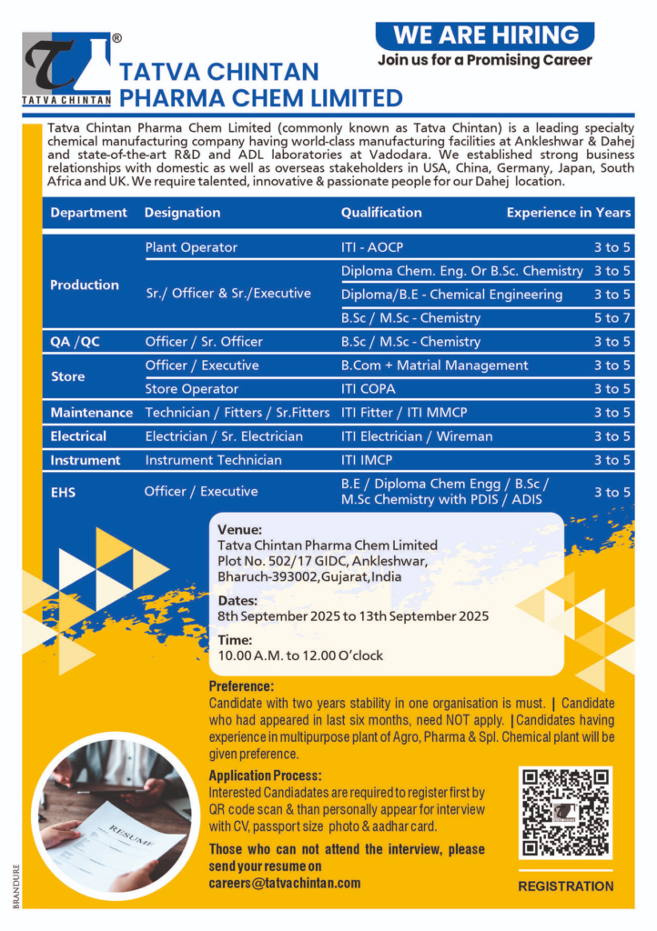 Tatva Chintan Pharma Chem Limited – Walk-in Interview for Various Roles from 8th Sep to 13th Sep 2025