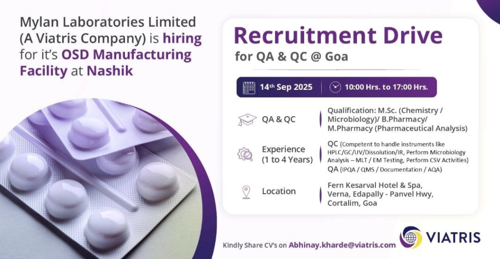 Walk-in Drive @ Mylan Laboratories Limited (A Viatris Company) – QA & QC Roles on 14th September