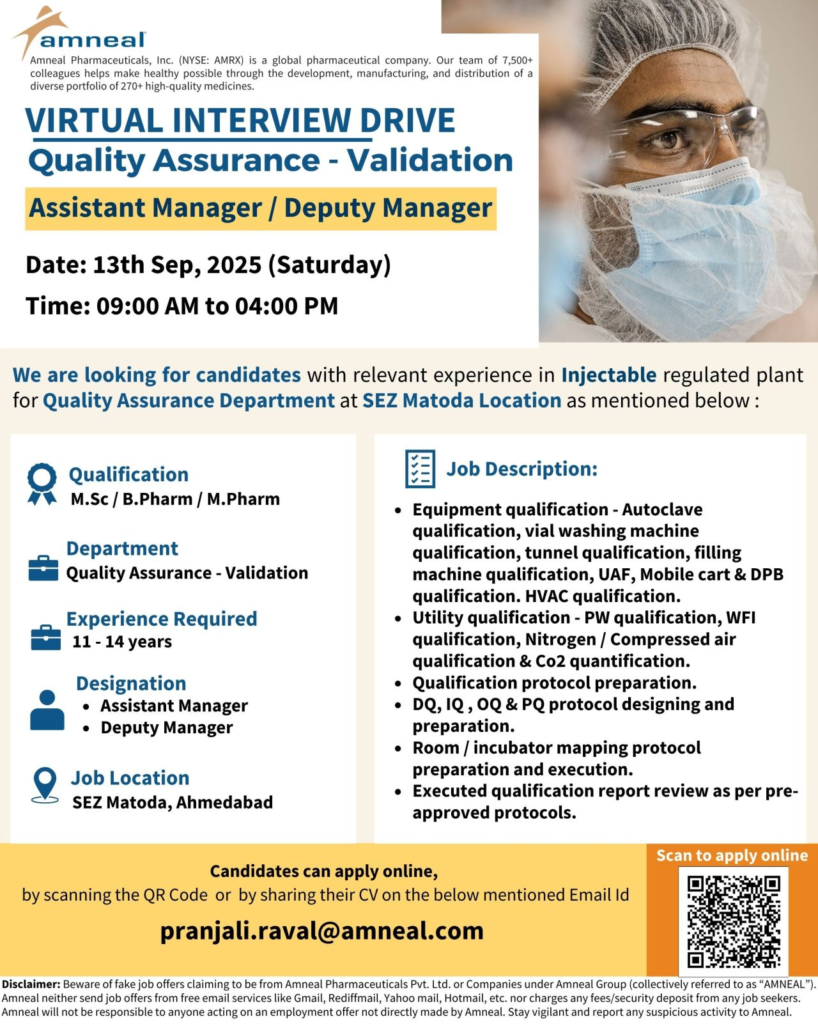 Amneal Pharmaceuticals Virtual Interview Drive – Quality Assurance (Validation) on 13th September