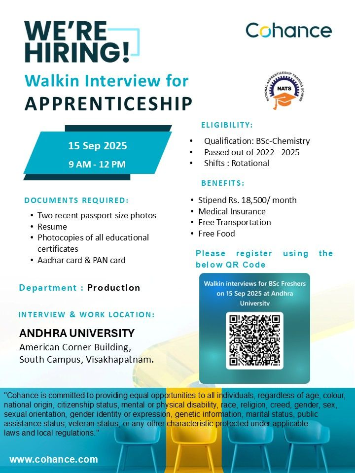 Cohance Walk-In Interview – Apprenticeship for BSc Chemistry Freshers on 15th September