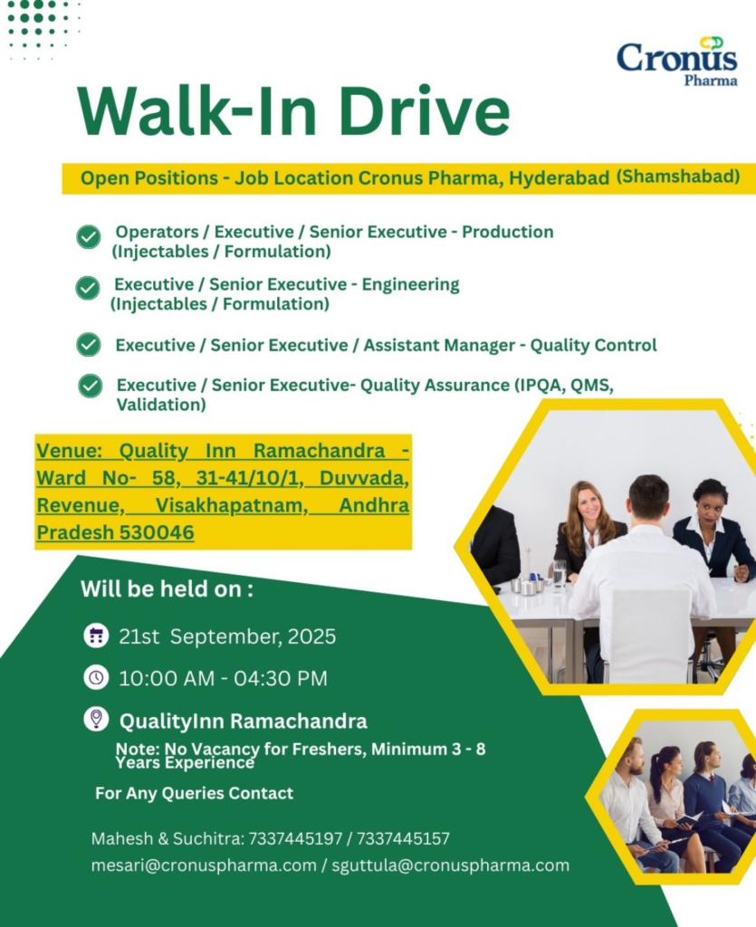 Cronus Pharma Walk-In Drive – Experienced Professionals (September 2025)