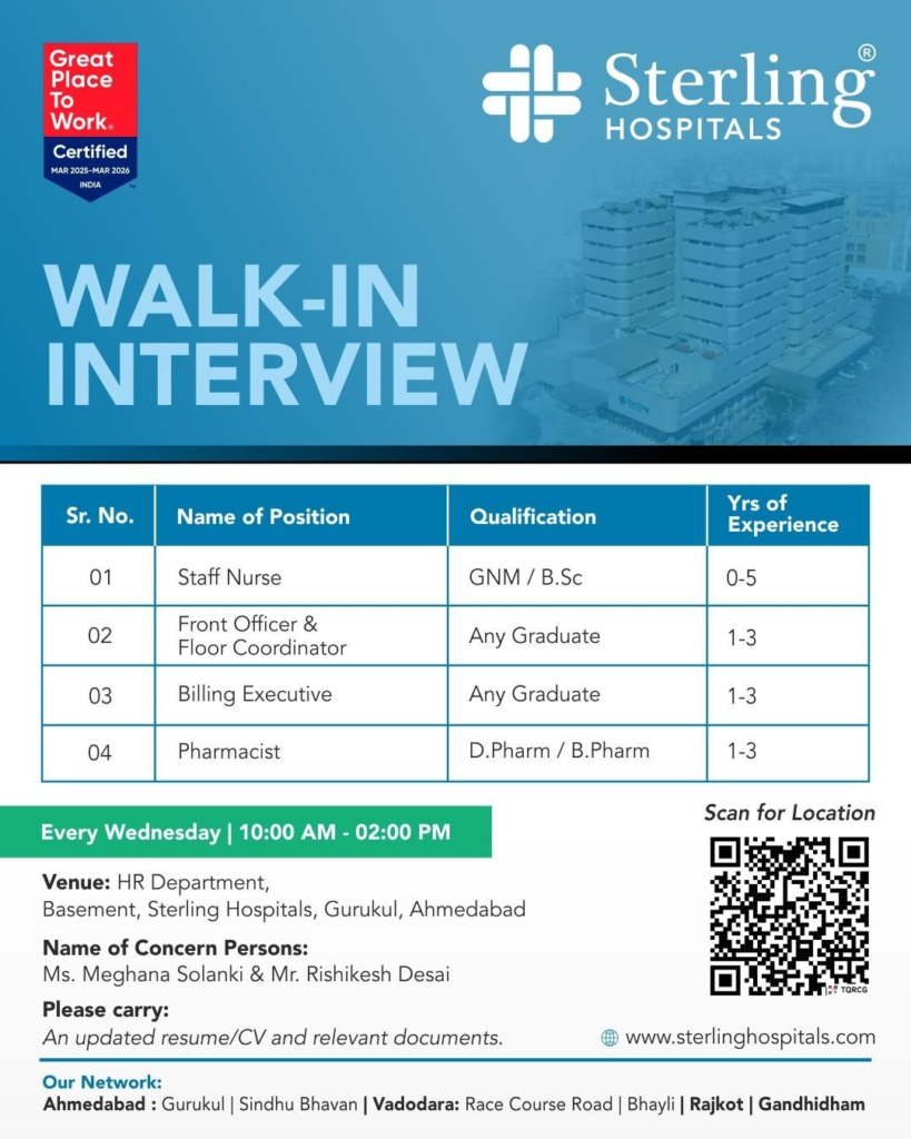 Sterling Hospitals Walk-in Interviews in Ahmedabad – Multiple Openings for Healthcare Professionals
